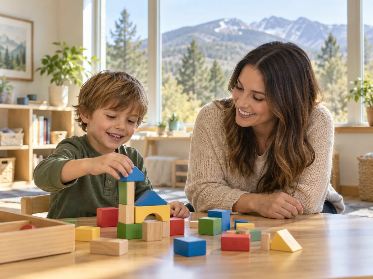 A child and an adult exploring colorful wooden blocks together in a bright room